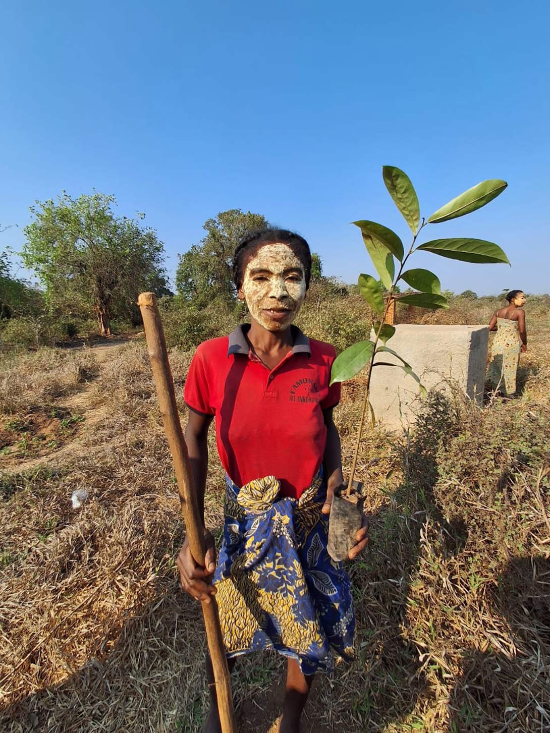 Teilnehmerin des Landwirtschaftsprojekts von CforC in Madagaskar zeigt eine Pflanze, die sie pflanzen wird.