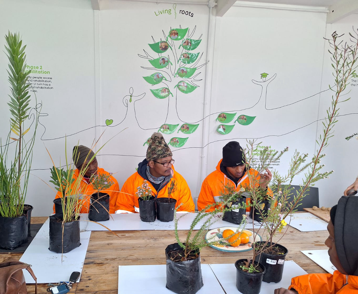 Teilnehmende des Projekts Living Roots von U-Turn nehmen an einem Fynbos-Workshop teil.