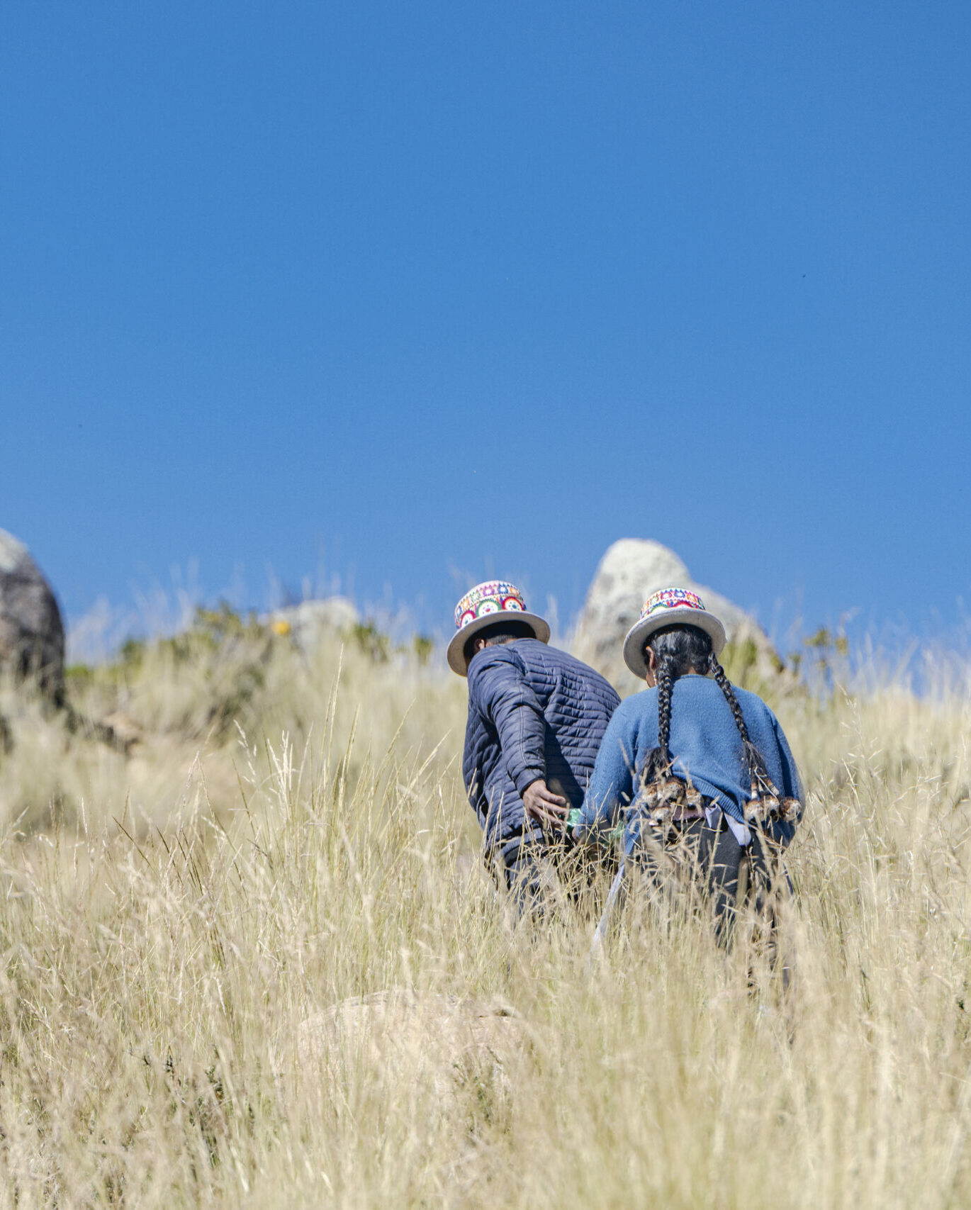 Teilnehmende von IDECA in Peru laufen durch ein Feld.
